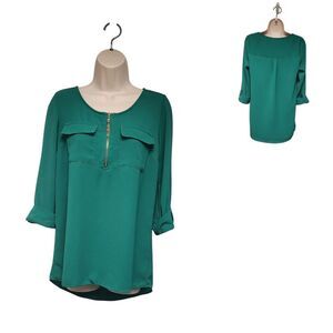 Cathy Scoop Neck 3/4 Roll Tab Sleeves Emerald Green Tunic Blouse Size Small